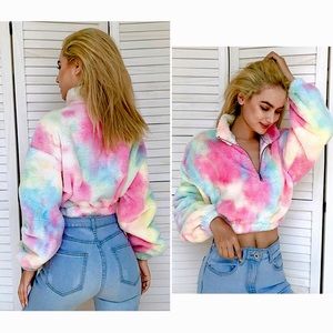 Pastel Rainbow TieDye Teddy Fleece Crop Pullover🌈